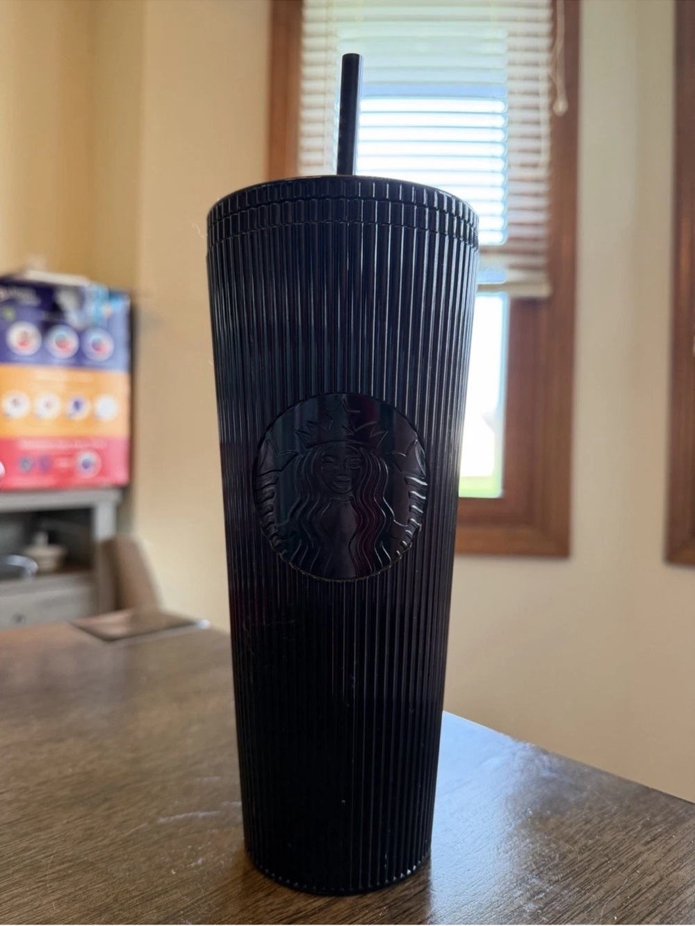 Starbucks Black Ribbed Logo Tumbler with Straw